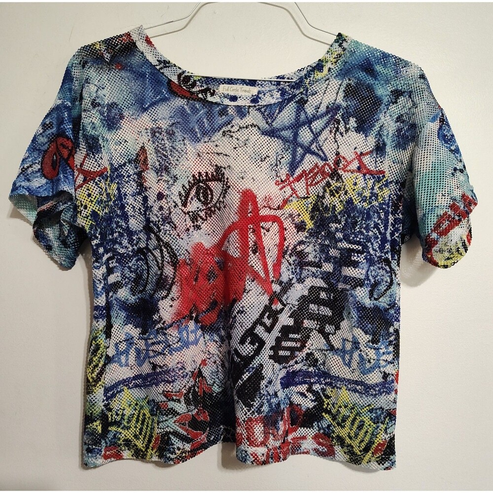 Y2K Women's Mesh Shirt Size Large Graffiti Graphic Print Streetwear Punk‎ Skater